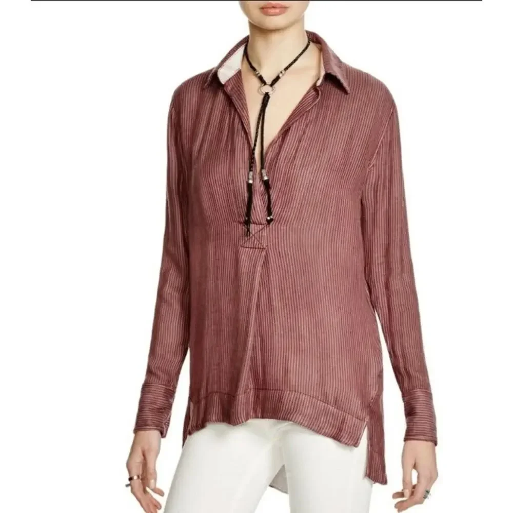 Free People On The Road Flowing Striped Collared Longline Popover Tunic Blouse